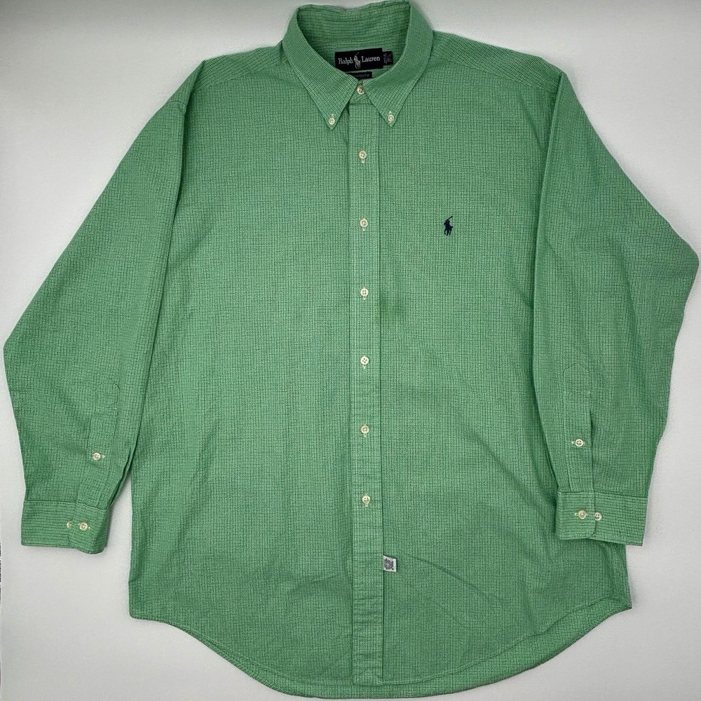 Ralph Lauren Yarmouth Shirt 16.5 32/33 Mens L Green Gingham Check Cotton Pony - Picture 3 of 11